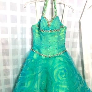 Teal Mermaid Prom Dress | Beaded Rhinestone Corset Gown | Lace-Up Back| Mori Lee